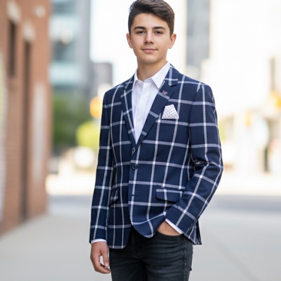 Eli Balleh Navy Blue Plaid Sport Coat Blazer Youth Size XL
